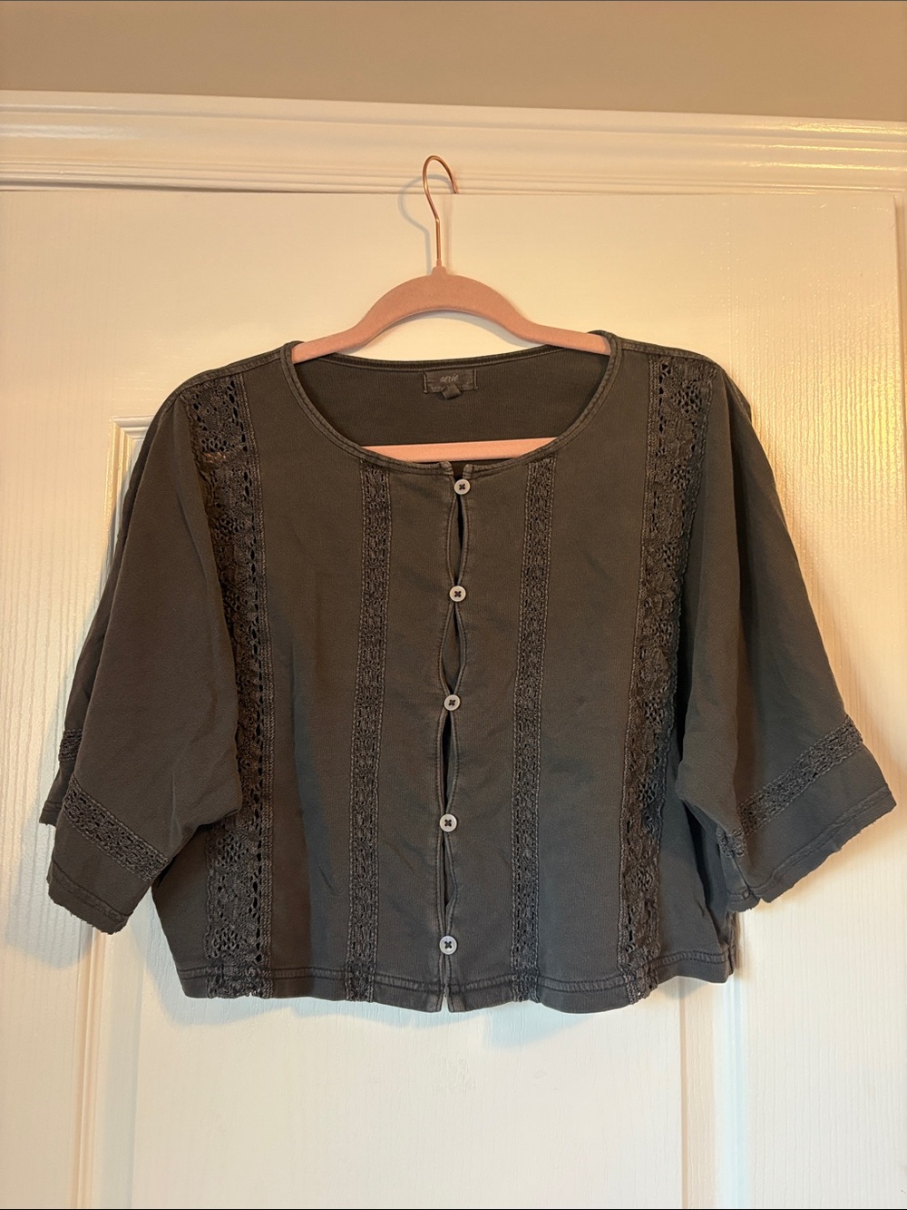 aerie Charcoal Crochet-Trim Button-Front Boxy Top